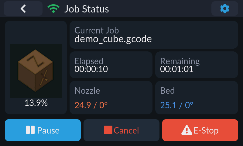 Job status — printing, with G-code thumbnail